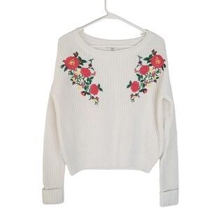 Angel Kiss White Knit Sweater with Embroidered Floral Details Size S